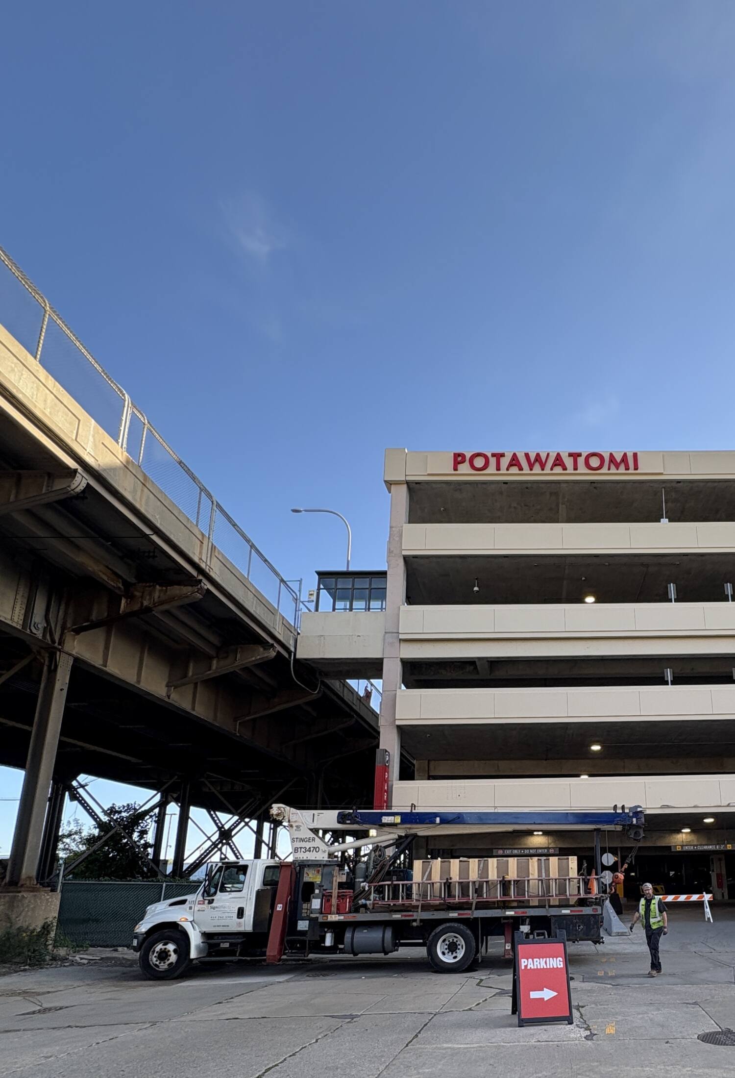 POTAWATOMI building ID letters at a Potawatomi parking garage entry